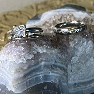 Vintage Princess Cut Diamond Wedding Set, 14K White Gold Size 5